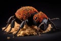 Close up of a black ant on a piece of bread isolated on black background