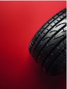 Close up of a Black Car Tire on a Red Background Highlighting Tread Patterns, Rubber Texture, and Auto Parts Design for Vehicle Royalty Free Stock Photo