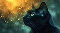 A close up of a black cat looking upward with golden light shining on it, AI Royalty Free Stock Photo