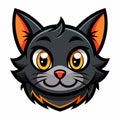 A close-up of a black cats face with striking orange eyes staring directly at the viewer, Cute Black Cat Head Logo Mascot,