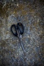 Close up of black colored scissors hanged in a nail on rough wall.