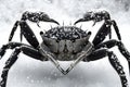 Close up of a black crab on the snow in winter,