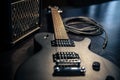Close-up, black electric guitar on a dark background. Royalty Free Stock Photo