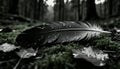 Close-up of black feather with water droplets on forest floor in grayscale Royalty Free Stock Photo