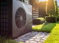 Air heat pump near pool house outdoors. Royalty Free Stock Photo