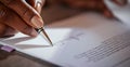 Detail of woman hands signing business document Royalty Free Stock Photo