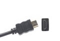 Closeup HDMI cable presented connector white background