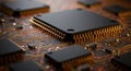 Close-up of a black microchip on a printed circuit board (PCB) with intricate copper