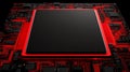 Close-up black microchip on vibrant red circuit board showcasing advanced technology Royalty Free Stock Photo