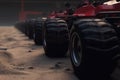 Close up of a black and red kart with its tires blurred from speed racing around a track. Speed drive concept. AI