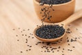 Close up of black sesame seed on wooden spoon in kitchen Royalty Free Stock Photo