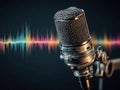 Close-up of black and silver studio microphone on a dark surface, with colorful sound wave visualizations in the background - AI Royalty Free Stock Photo