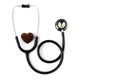 Black stethoscope with red heart of doctor for checkup on white background. Royalty Free Stock Photo