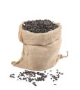 Close up of black sunflower seeds in bag. Royalty Free Stock Photo
