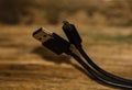 Close up of black USB cable isolated, cable USB connection Royalty Free Stock Photo