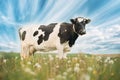 Close Up On Black And White Cow Eating Grass In Spring Pasture. Cow Grazing On A Green Meadow In Spring. Green Dandelion Royalty Free Stock Photo