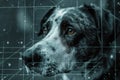Close-up of a black and white dog's face overlaid with a futuristic digital network interface Royalty Free Stock Photo