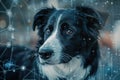 Close-up of a black and white dog's face overlaid with a futuristic digital network interface Royalty Free Stock Photo
