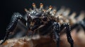 a close up of a black and white insect on a piece of wood with spikes on it\'s back legs and eyes, with a black background