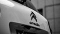 A close-up black and white photo of the tail logo of the Citroen C5 Aircross SUV