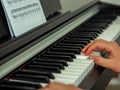 Close-up black and white piano keys and piano playing hands