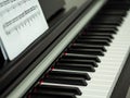 Close-up black and white piano keys and piano playing hands