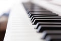 Close up of black and white piano keys.