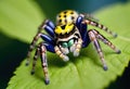 A close-up of a black and yellow jumping spider on a green leaf Royalty Free Stock Photo