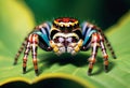A close-up of a black and yellow jumping spider on a green leaf Royalty Free Stock Photo