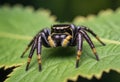 A close-up of a black and yellow jumping spider on a green leaf Royalty Free Stock Photo
