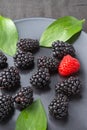 Close-up of blackberries, a raspberry and green leaves on plate and dark cloth Royalty Free Stock Photo