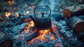 Close-up of a blackened kettle standing on a fire, with steam rising from its spout Royalty Free Stock Photo