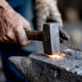 Close-up of blacksmith hammering hot metal on an anvil. Royalty Free Stock Photo