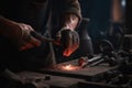 Close up of a blacksmith working on a metal product in his workshop, Male blacksmith close up working with metal, Ai Generated,