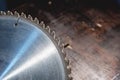 Close-up blade circular saw on the background of the wooden table Verscak. Workshop for the production of wooden Royalty Free Stock Photo