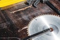 Close-up blade circular saw and joinery clamps on the background of the wooden table. Workshop for the production of Royalty Free Stock Photo