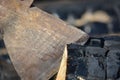 Close up of the blade of an old axe with a wooden handle stuck in a stump in the yard of a country house.