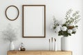 Close Up Blank Photo Frame Mockup in Scandinavian Style Home Minimal White Wooden Wall Background - Generative AI Royalty Free Stock Photo