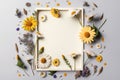 Close up blank photo frame with springs flowers season, stylish background, minimalist, interior design with Generative AI