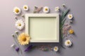 Close up blank photo frame with springs flowers season, stylish background, minimalist, interior design with Generative AI