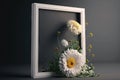 Close up blank photo frame with white daisy flower, stylish background, minimalist, interior design with Generative AI Royalty Free Stock Photo