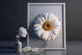 Close up blank photo frame with white daisy flower, stylish background, minimalist, interior design with Generative AI Royalty Free Stock Photo
