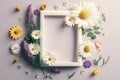 Close up blank photo frame with springs flowers season, stylish background, minimalist, interior design with Generative AI