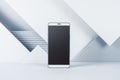 Close up of blank smartphone screen on white geometric wall background. Tech presentation and device concept. Mock up, 3D Royalty Free Stock Photo