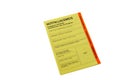 Close-up blank blank yellow emergency patient ID card in Germany, immune passport in German and French, certificate for