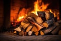 close-up of blazing firewood in a cozy fireplace