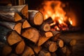 close-up of blazing firewood in a cozy fireplace