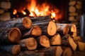 close-up of blazing firewood in a cozy fireplace