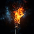 Close up A blazing torch illuminates darkness with fierce, captivating flames