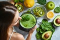 Close-up blender process. Cooking a green spring smoothie. Mixing in a blender bowl. Young woman preparing healthy green smoothie Royalty Free Stock Photo